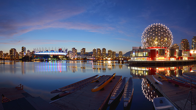 TELUS Science World, Vancouver skyline at dusk