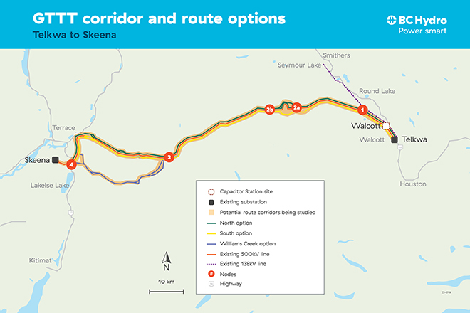 GTTT corridor and route options map - Telkwa to Skeena
