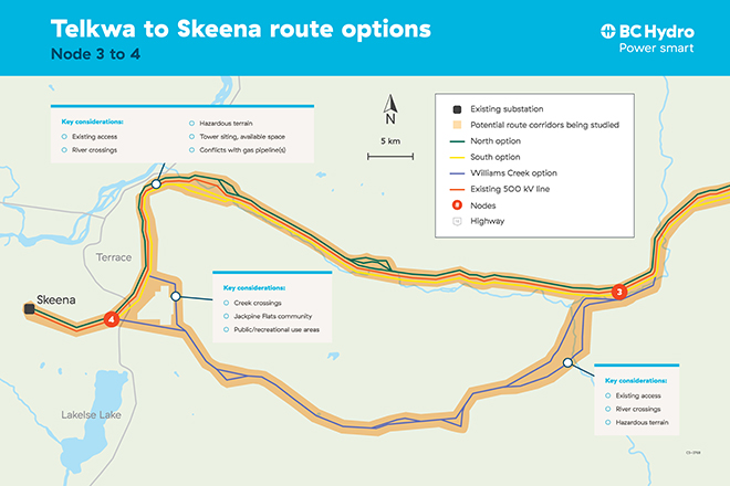 Telkwa to Skeena route options - Node 3 to 4 map