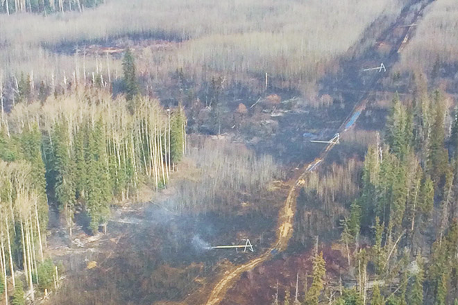 Image of fallen power lines near Beatton Airport Road that was caused by a wildfire