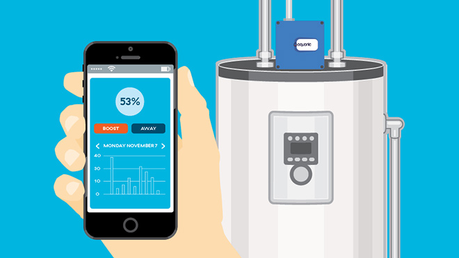 Illustration showing a smart phone app and smart hot water heater
