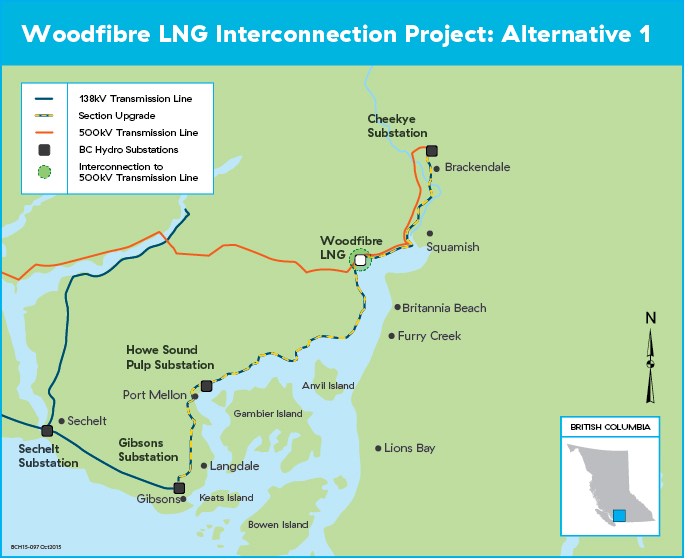 Map showing Woodfibre LNG Interconnection Project: Alternative 1