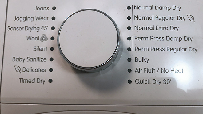 Image of the settings on a ventless heat pump dryer