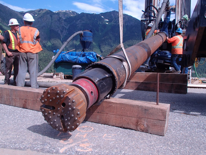 BC Hydro crews prepare the 16-inch downhole hammer for drilling.