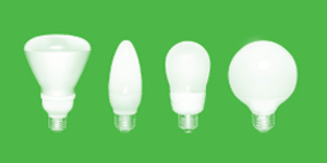 Set of four compact fluorescent lightbulbs in different shapes and sizes