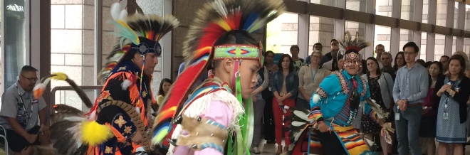 Dancers in lobby of BC Hydro main office in Vancouver on the 2017 National Aboriginal Day