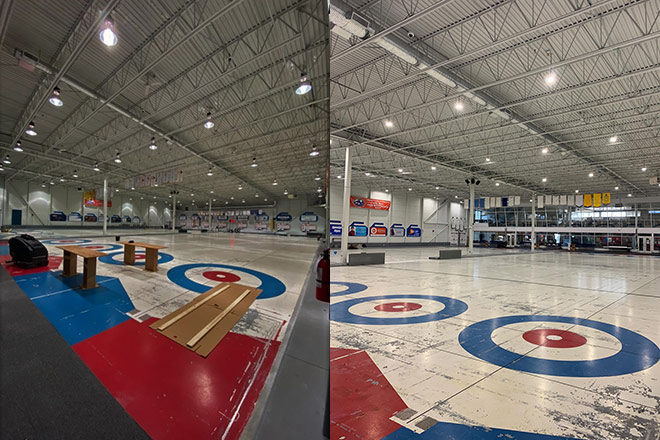 Image showing the Richmond Curling Club before and after a lighting upgrade