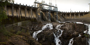 John Hart Dam with waterfalls