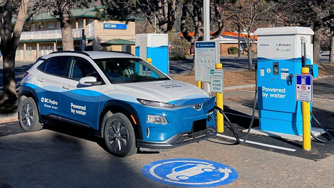 A BC Hydro EV charges at a BC Hydro EV fast charging site in Merritt, B.C.