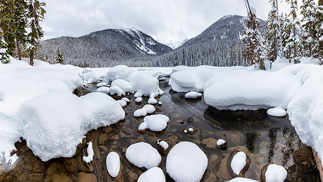 Lower Joffre Lake blanketed under winter snow