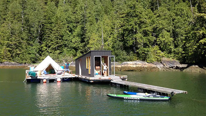 Image of floating camp homes for rent in Tofino, B.C.