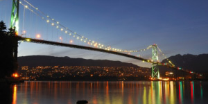 Lions Gate bridge lit up at night with leds