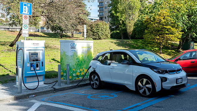 Image of a BMW i3 charging at a BC Hydro charger