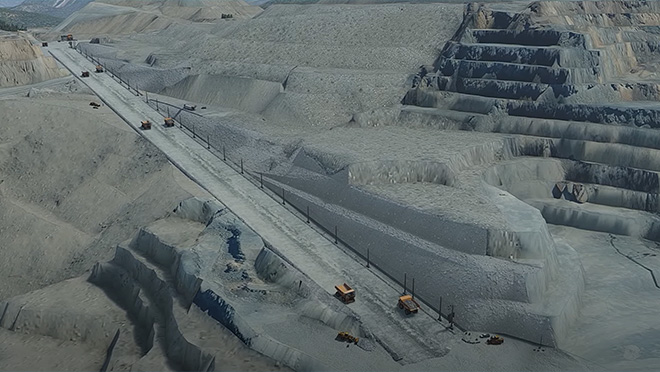 Visualization of Komatsu electric trolley assist trucks climbing a one-km hill at the Copper Mountain mine