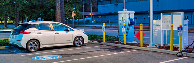 BC Hydro charging station in Coquitlam taken at dawn.