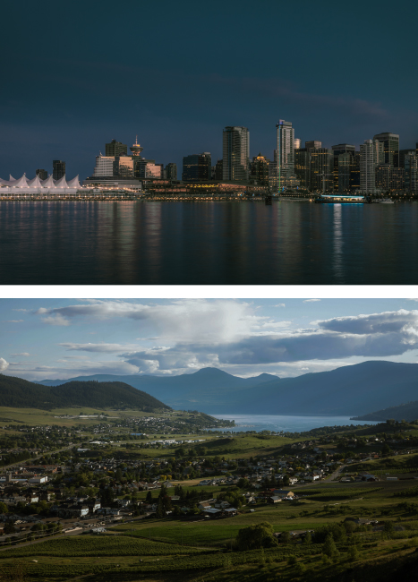 Combined image of landscape photos of downtown Vancouver and Vernon