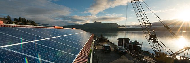 Solar panels at government dock, Alert Bay, part of the village's solar power system that connects government buildings to BC Hydro's electrical system.