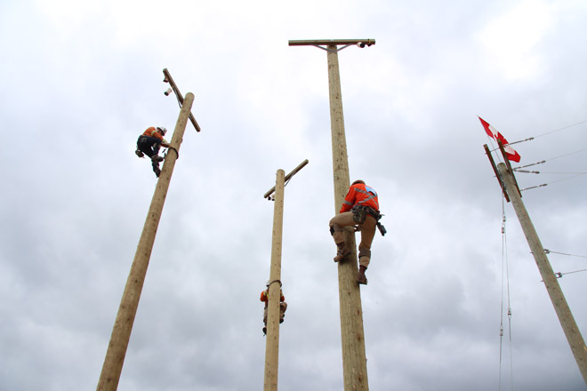 Power line technicians in Safety Rodeo climbing poles