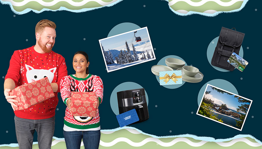 Dave and Jaclyn with all the prizes for the Holiday Countdown contest