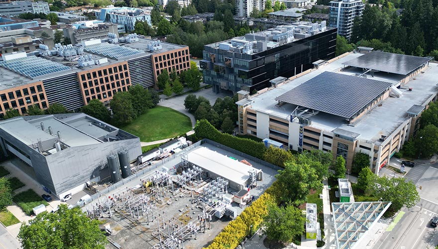 Aerial shot of UBC's Smart Hydrogen Energy District (SHED). Includes solar panels on the Thunderbird parkade, a substation, skateboard park, and the campus energy centre.