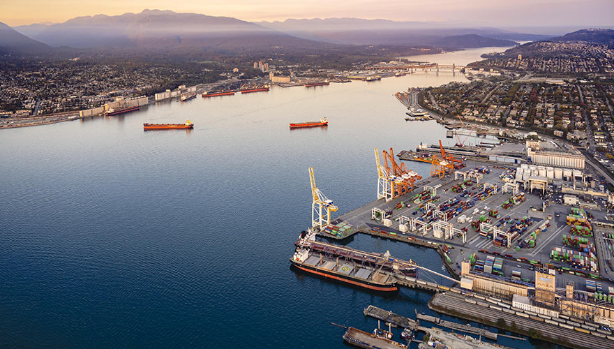 Aerial shot of the port of Vancouver at sunset