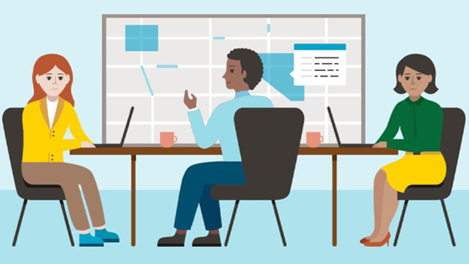 Illustration of three colleagues engaging in a discussion with laptops and presentation board.