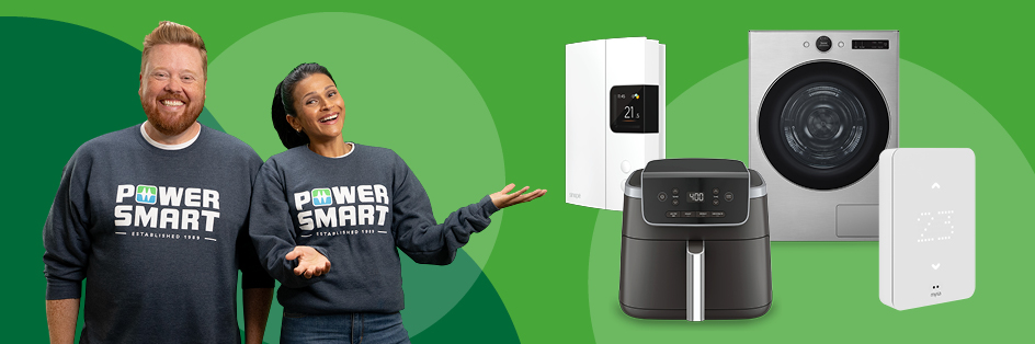 Power Smart Month promotion featuring Dave and Jaclyn on the left, with images of appliances and thermostats on the right against a green background.