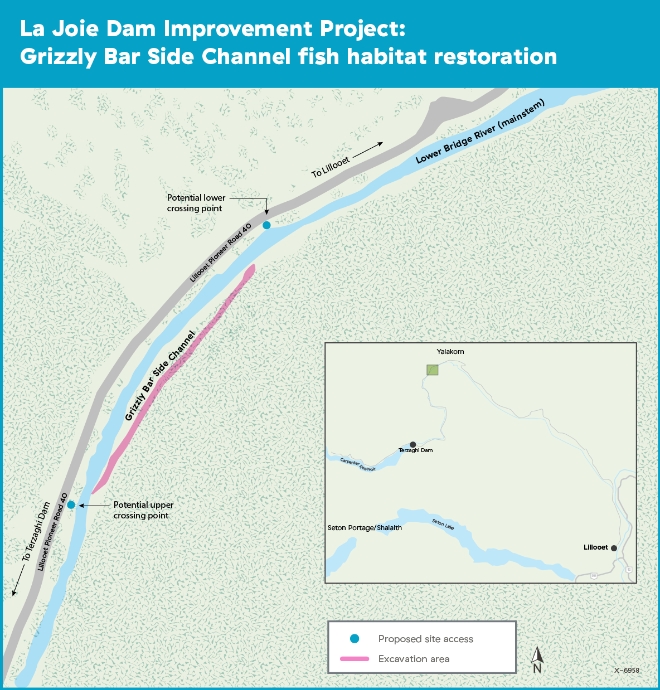 La Joie Dam Improvement Project Map: Grizzly Bar Side Channel fish habitat restoration.