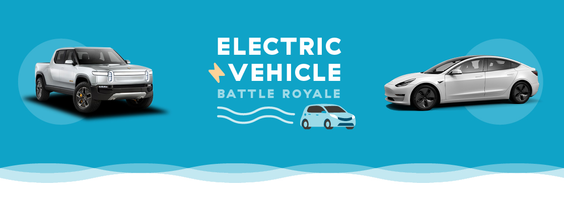 Title photo with Rivian and Tesla electric vehicles
