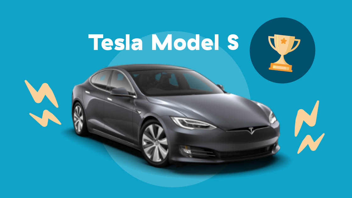 Graphic of a Tesla Model S as the winner of the EV battle royale