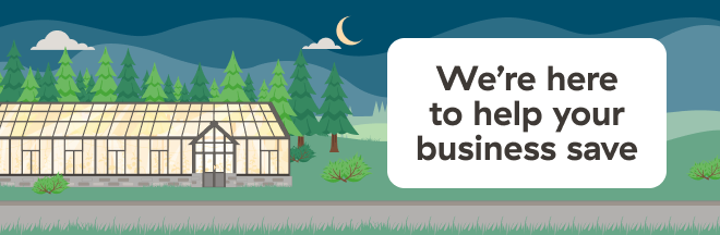 A night-time illustration featuring a well-lit single level building. In the background are trees, a field, the night sky with mist and a crescent moon along with the titles, We're here to help your business save. A night-time illustration featuring a well-lit single level building. In the background are trees, a field, the night sky with mist and a crescent moon along with the titles, We're here to help your business save.