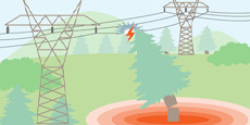Illustration of a fallen tree hitting power lines between transmission towers with a visible electrical spark. Illustration of a fallen tree hitting power lines between transmission towers with a visible electrical spark.