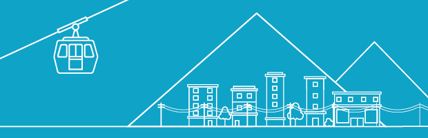Illustration of gondola and business buildings in Hope BC Illustration of gondola and business buildings in Hope BC