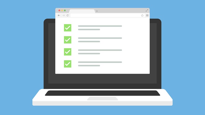 Flat-style laptop illustration website mockup with browser window, checklist, and checkmarks Flat-style laptop illustration website mockup with browser window, checklist, and checkmarks