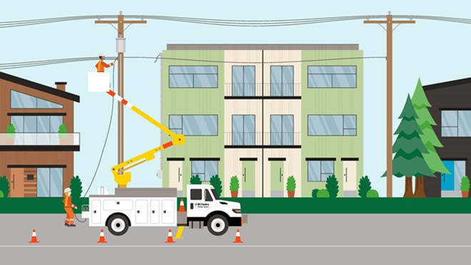 Illustration of BC Hydro crew performing maintenance on overhead power lines using a bucket truck in residential area.