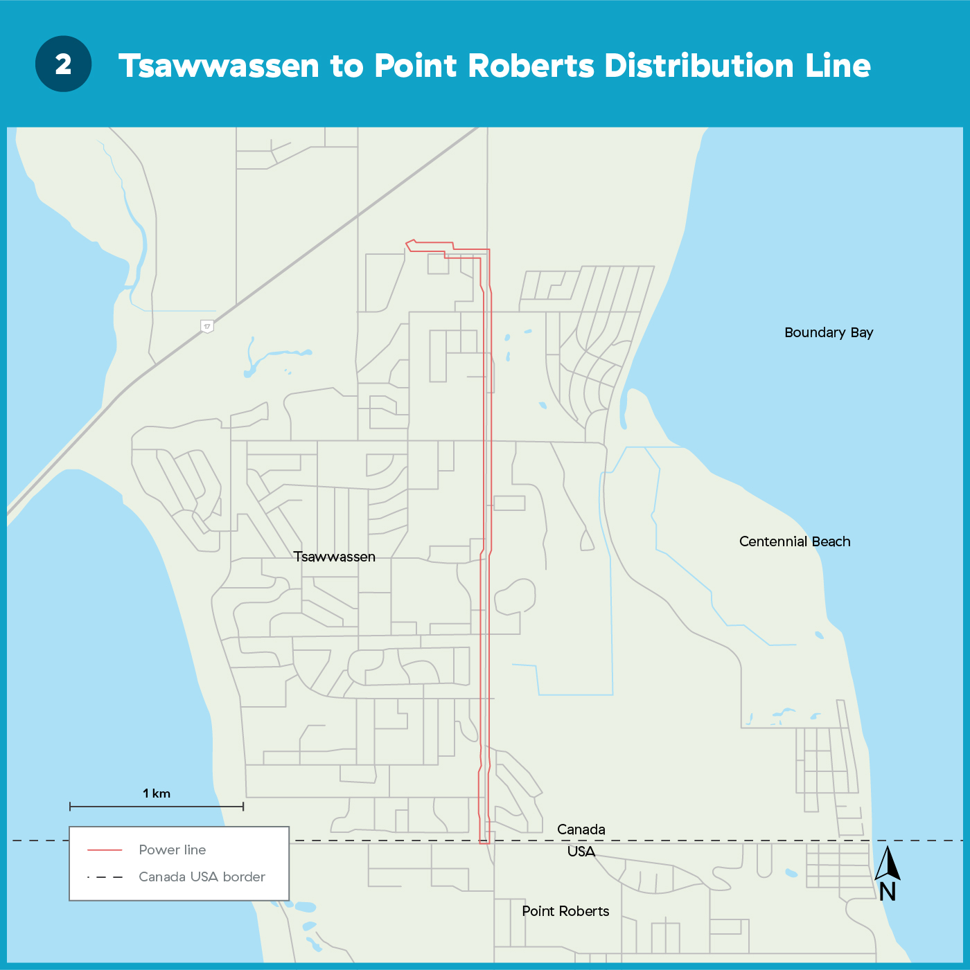 Distribution Line (partially overhead and partially underground) from the Tsawwassen Substation within 56th Street road allowance in Delta, B.C. to the U.S. border at Point Roberts, WA