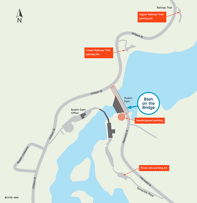 Map of the Ruskin Dam indicating the Bash on the Bridge event location Map of the Ruskin Dam indicating the Bash on the Bridge event location