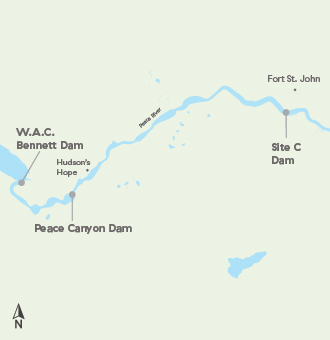 Map shows WAC Bennett dam, Peace Canyon dam and Site C dam.