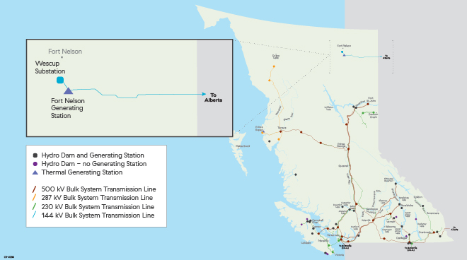 Map of our transmission network with a close-up on the Fort Nelson area. Select the map to view it at a larger size.