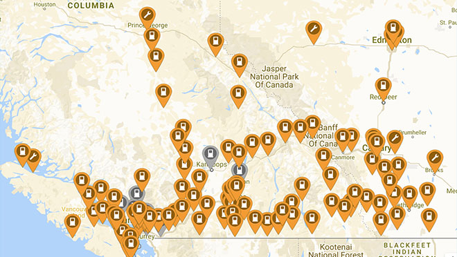 Image of a map showing British Columbia PlugShare locations