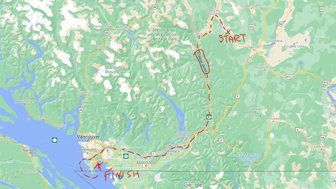 Hand-drawn map shows the journey of the Highway 8 power pole washed into the Nicola River between Merritt and Spences Bridge