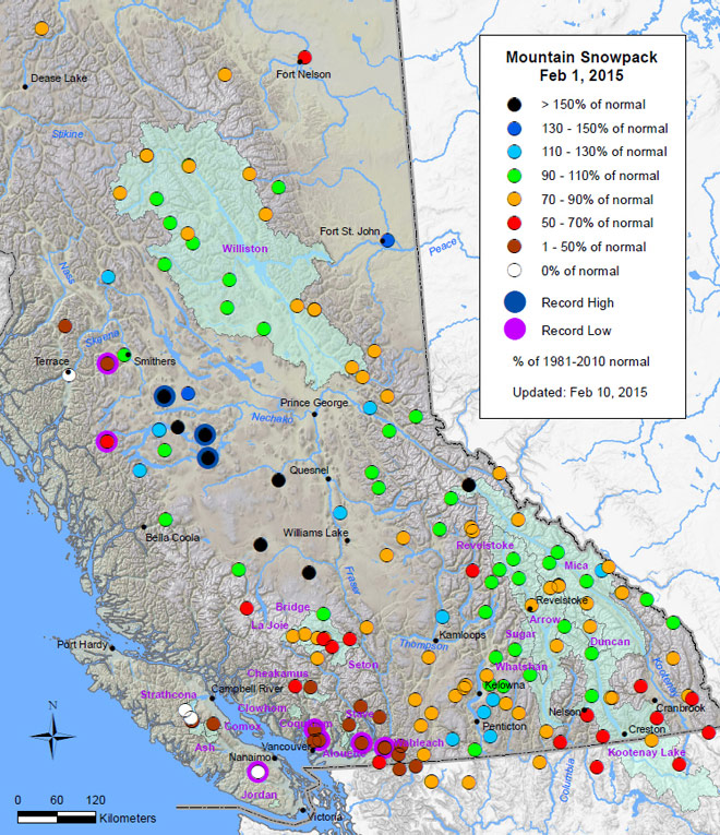 BC Hydro map of snowpack levels in B.C. as of Feb. 1, 2015.