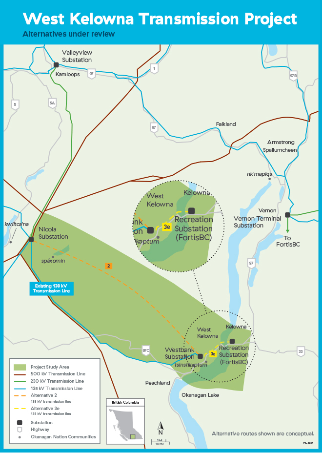 Map of the West Kelowna Transmission Project - June 2023 alternatives under review Map of the West Kelowna Transmission Project - June 2023 alternatives under review