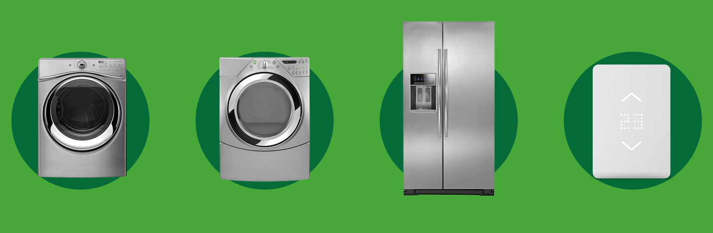 Illustration showing images of a front-load washer, front-load dryer, a two-door fridge and a smart thermostat.