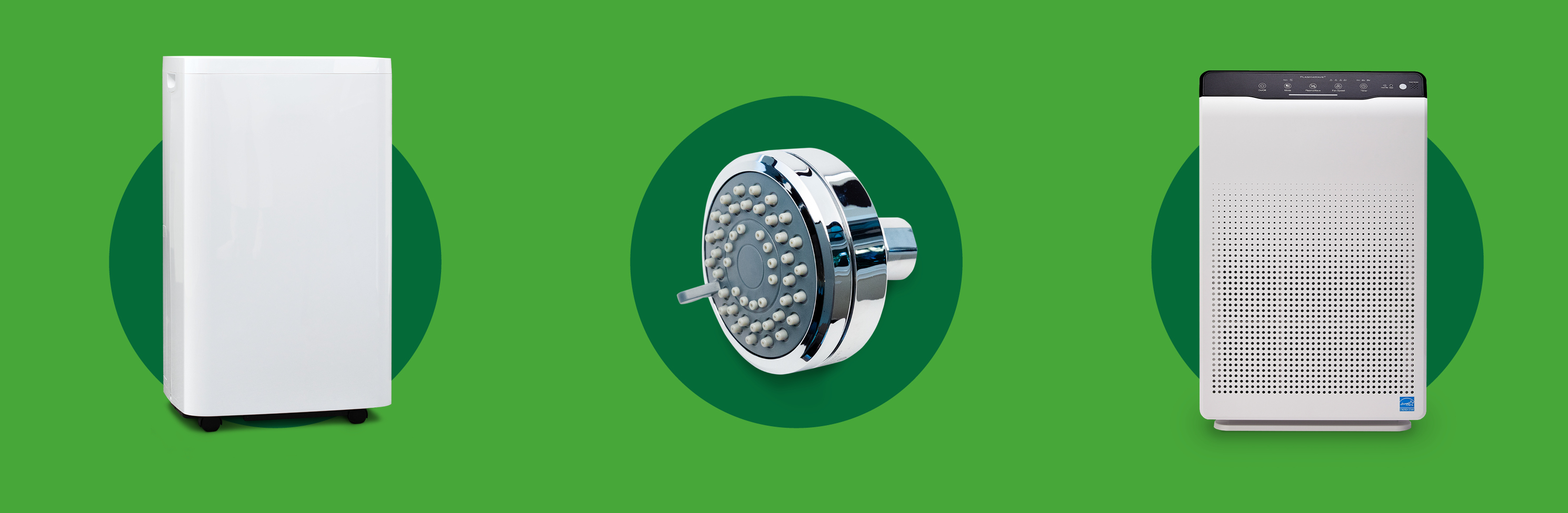 Illustration showing an air purifier, showerhead and an air conditioner.