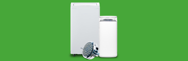 Banner image featuring three products, an air purifier, a showerhead and an air conditioning unit on a green background.