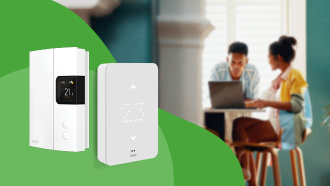 Two thermostats on a green background on the left and a couple seated at a table using a laptop on the right.