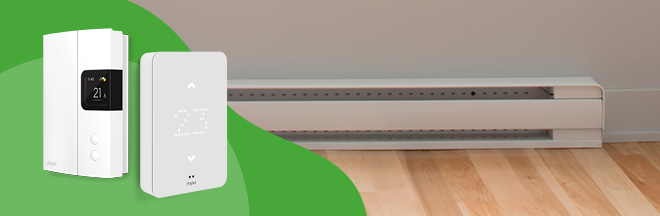Two programmable thermostats on a green background is on the left and a baseboard heater is shown on the right.