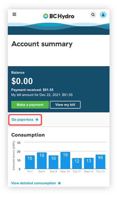 Example of Go paperless under Account Summary