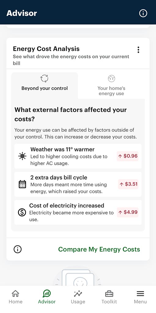 HydroHome app energy cost analysis screenshot 2